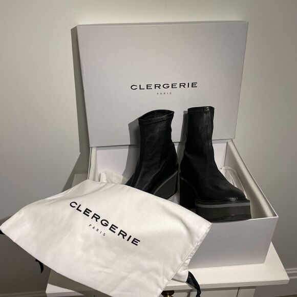 NEW w/ box Clergerie Paris Albane Black Stretch Block Heel Mid Ankle Boot 37.5/7 - Picture 6 of 10